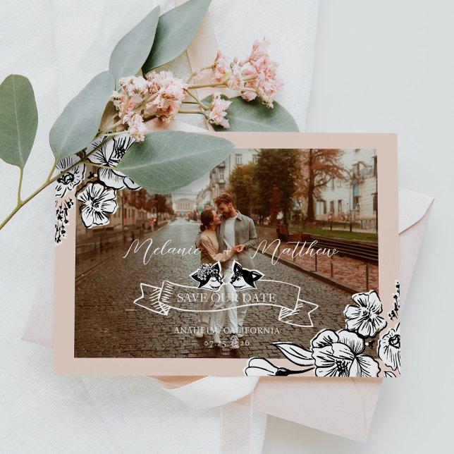 Save The Date Elégante croquis floral Fox Woodland Fairytale Pho (Elegant Woodland Fox Floral Sketch Fairytale Photo Save The Date)