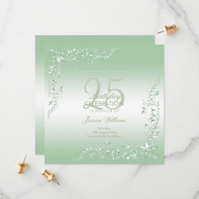 Save The Date Élégante décoration d'émeraude 25e anniversaire (Devant/Arrière en situation)