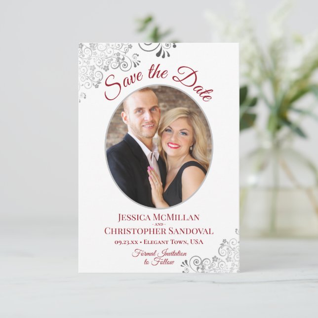 Save The Date Élégante dentelle argentée photo rouge sur Mariage (Debout devant)