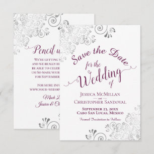 Save The Date Elégante dentelle argentée violet sur Mariage blan