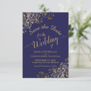 Save The Date Elégante dentelle d'or sur Mariage bleu marine