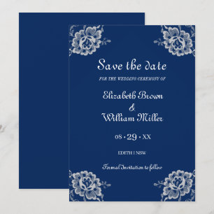 Save The Date Elégante dentelle florale sur Mariage bleu marine