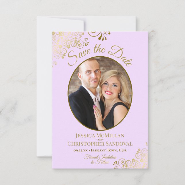Save The Date Elégante dentelle or Oval Photo Lilac Purple Maria (Devant)