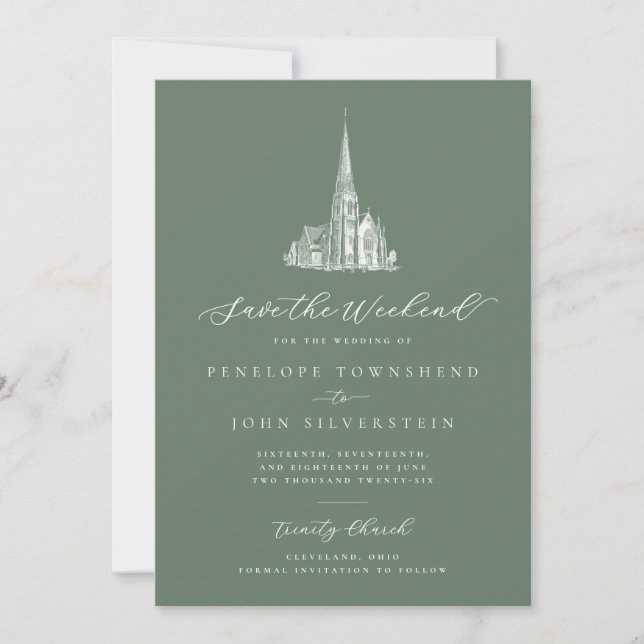 Save The Date Élégante église Sauvez le week-end Sage Mariage ve (Devant)