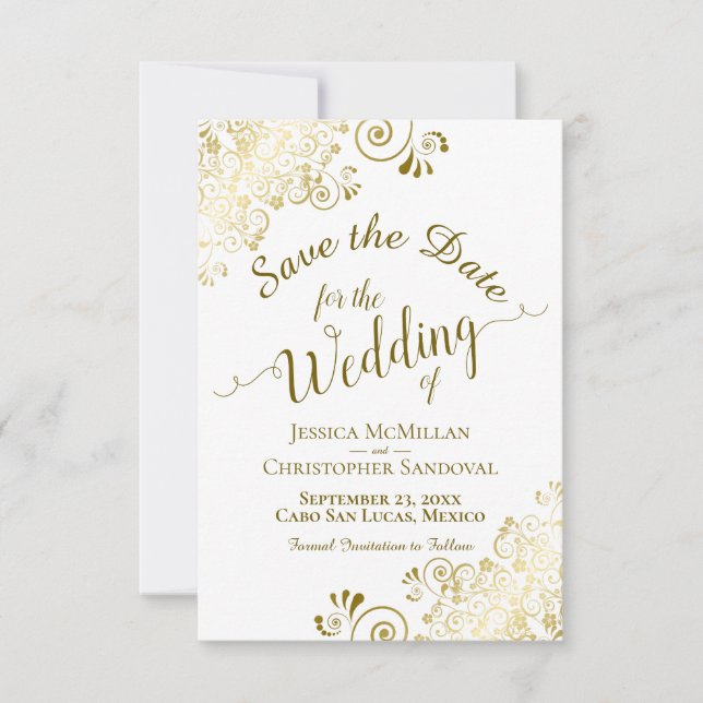 Save The Date Elégante Filigree dentelle or sur Mariage blanc (Devant)