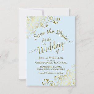 Save The Date Élégante Filigree or bouclés sur le mariage bleu p