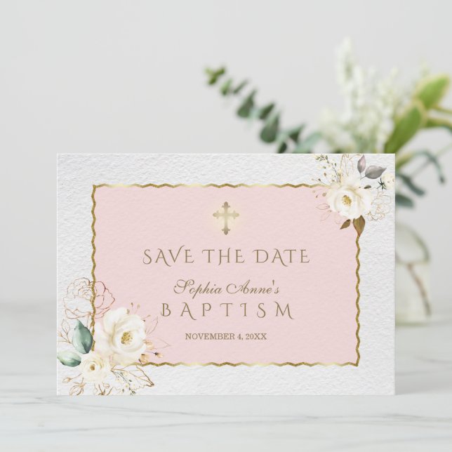 Save The Date Elégante Fleurs d'or blanc Croix Baptême fille (Debout devant)