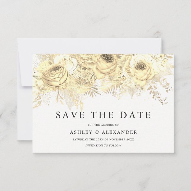 Save The Date Elégante Fleurs D'Or Mariage Enregistrer La Date (Devant)