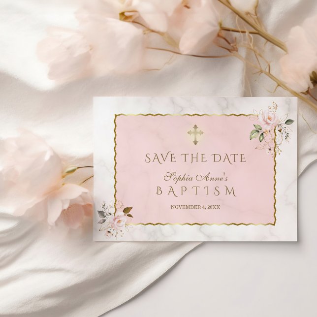 Save The Date Élégante Fleurs d'or rose Cross Girl Baptism (Créateur téléchargé)