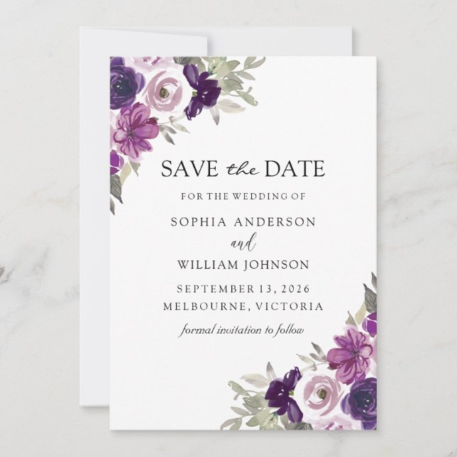 Save The Date Elégante Fleurs violettes Mariage d'hiver (Devant)