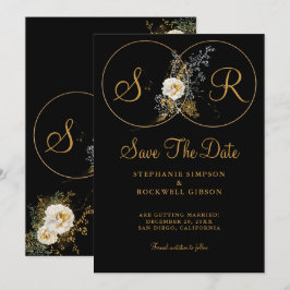 Save The Date Élégante Florale Or Sur Mariage Monogramme Noir