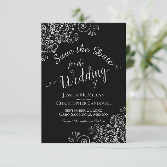 Save The Date Elégante frites gris argenté sur Mariage noir glam (Debout devant)