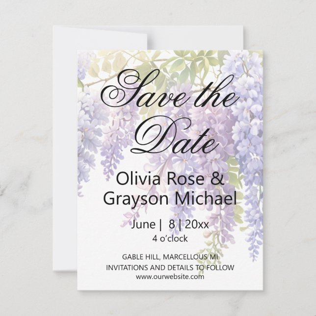 Save The Date Elégante glycine d'aquarelle bleu violet doux (Devant)