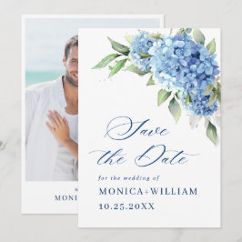 Save The Date Élégante Hydrangée Bleue Florale Mariage Photo