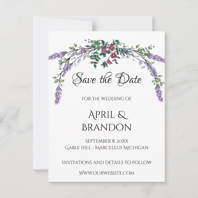Save The Date Elégante Lavande Eucalyptus aquarelle rose roses (Devant)