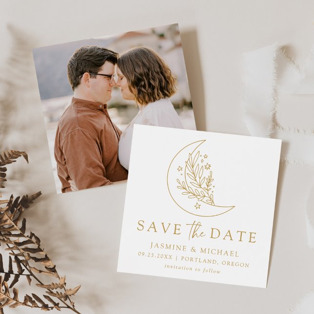 Save The Date Élégante Lune botanique et Mariage d'or des étoile (Créateur téléchargé)