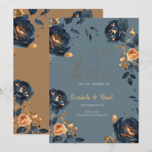 Save The Date Elégante Marine Blue Gold Flowers Enregistrer La D