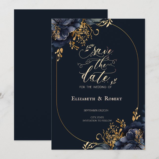 Save The Date Elégante Marine Fleurs Bleues Enregistrer La Date (Devant / Derrière)