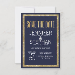 Save The Date Élégante Marine moderne Blue Gold Sequin Enregistr