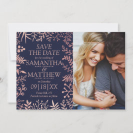 Save The Date Elégante Marine & Rose Gold Floral Mariage Photo