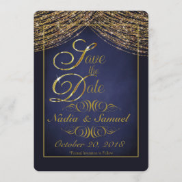Save The Date Elégante Parties scintillant Bleu Profond et Or En