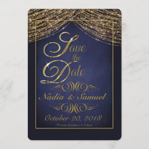 Save The Date Elégante Parties scintillant Bleu Profond et Or En