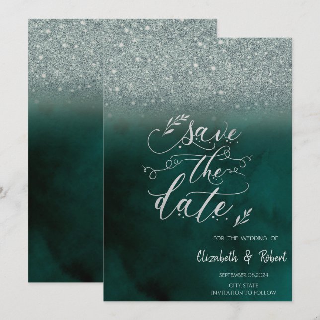 Save The Date Élégante Parties scintillant Bokeh Green Enregistr (Devant / Derrière)
