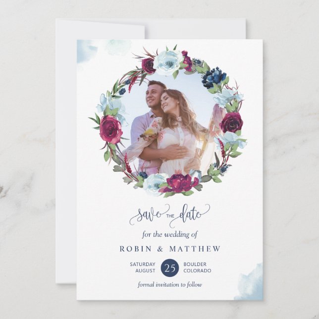 Save The Date Élégante photo Burgundy Berry Blue Wreath Mariage (Devant)