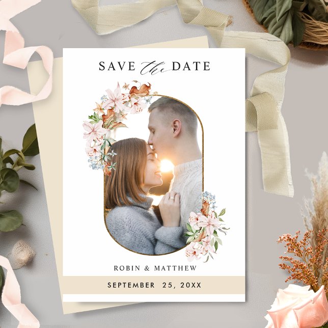 Save The Date Elégante Photo de fleurs de terre avec Mariage bei (Créateur téléchargé)