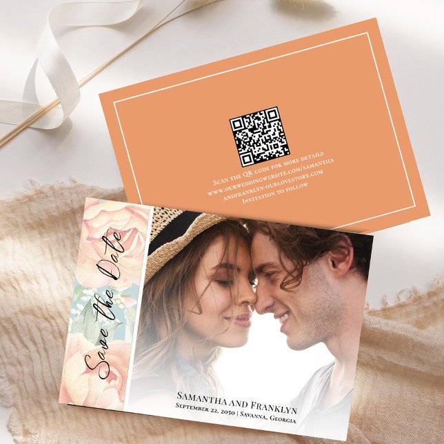 Save The Date Elégante photo de mariage florale aquarelle (Peach floral wedding save the date photo card.)