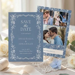 Save The Date Élégante Photo de Mariage Vintage Bleu Poussiéreux