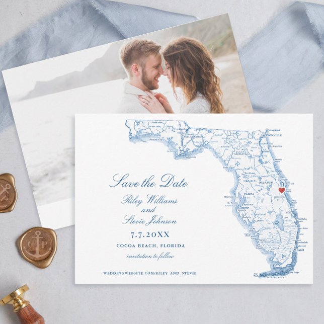 Save The Date Elégante Plage de cacao Floride Mariage Marine Car (Elegant Cocoa Beach Florida map navy blue save the date for your beach wedding)