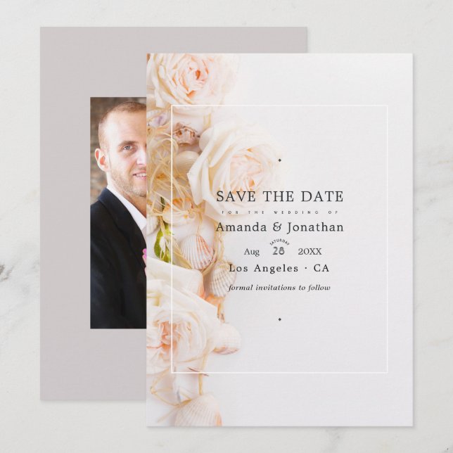 Save The Date Elégante Plage Florale Mariage Photo (Devant / Derrière)
