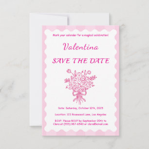 Save The Date Elégante Quinceañera Floral Bouquet Rose et blan