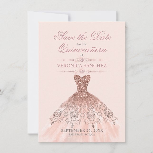 Save The Date Élégante robe rose rose blanche Quinceañera (Devant)