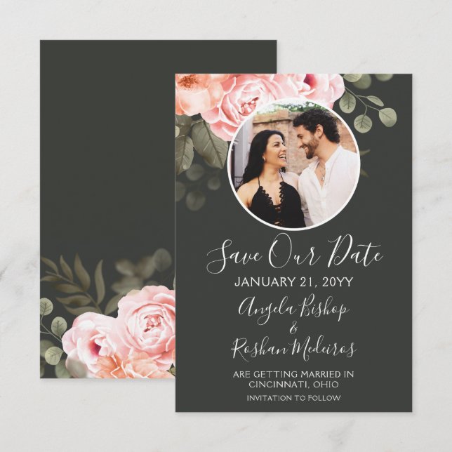 Save the Date Elegante rosa Blumenkarte Einladung (Vorne/Hinten)