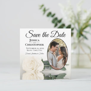 Save The Date Élégante rose blanche ivoire avec photo ovale pour