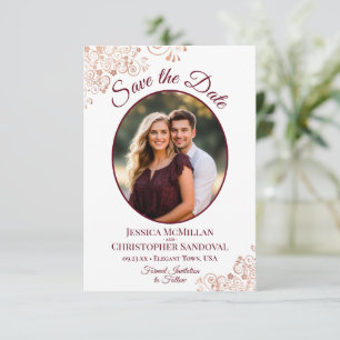 Save The Date Élégante Rose Gold & Bourgogne Ovale Photo Mariage