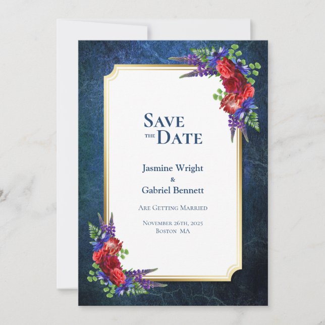 Save The Date Elégante Rose rouge avec Mariage frontière or (Devant)