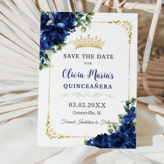 Save The Date Elégante Royal Blue Flowers Gold Quinceañera 16e (Créateur téléchargé)