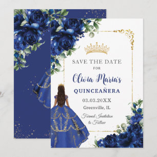 Save The Date Elégante Royal Blue Flowers Princesse Quinceañera