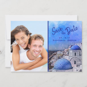Save The Date Elégante Santorin Grèce photo Aquarelle bleue