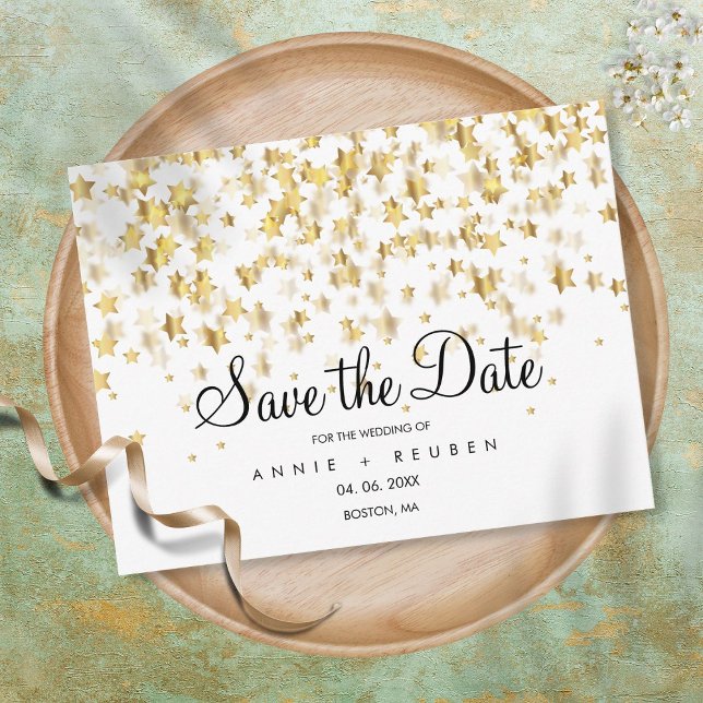 Save the Date Elegante Script Gold Stars Postkarte (Von Creator hochgeladen)