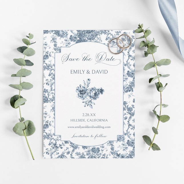 Save The Date Élégante toile Florale Bleue Française Gravée (Créateur téléchargé)