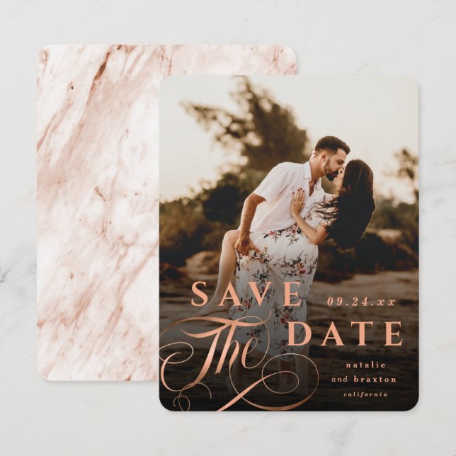 Save The Date Élégante typographie en cuivre avec marbre arrière (Devant / Derrière)