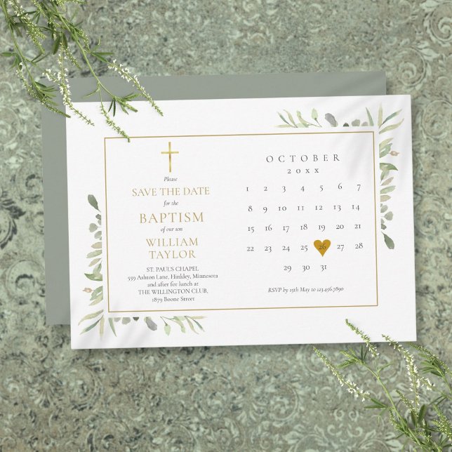 Save The Date Élégante verdure Baptême floral Baptême Christenin (Elegant Greenery Floral Baptism Christening Save The Date)