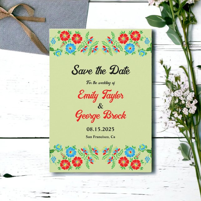 Save The Date Élégante verdure Bleu Rouge Roses Floral Mariage (Créateur téléchargé)