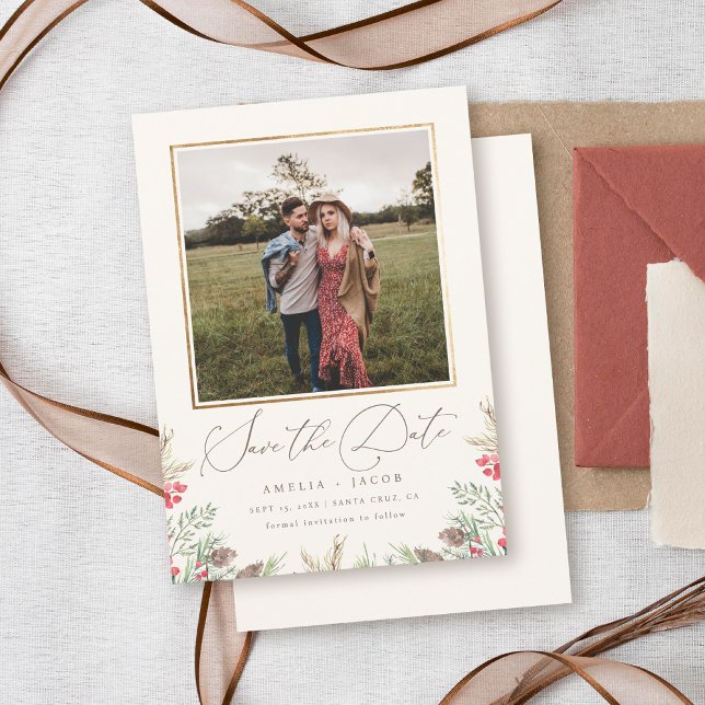 Save The Date Elégante verdure d'hiver Aquarelle Mariage Photo (Créateur téléchargé)