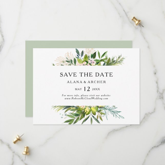 Save The Date Élégante verdure d'olive horizontale Enregistrer l (Devant/Arrière en situation)