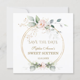 Save The Date Élégante verdure Or rose Sweet sixteen floral